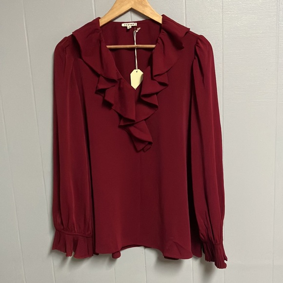 NWT Jodifl Shirt Blouse Top Large Burgundy V Neck Ruffle Details New with Tags - Picture 4 of 12